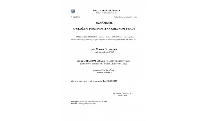 Oznámenie o uložení písomnosti na obecnom úrade - Marek Strempek