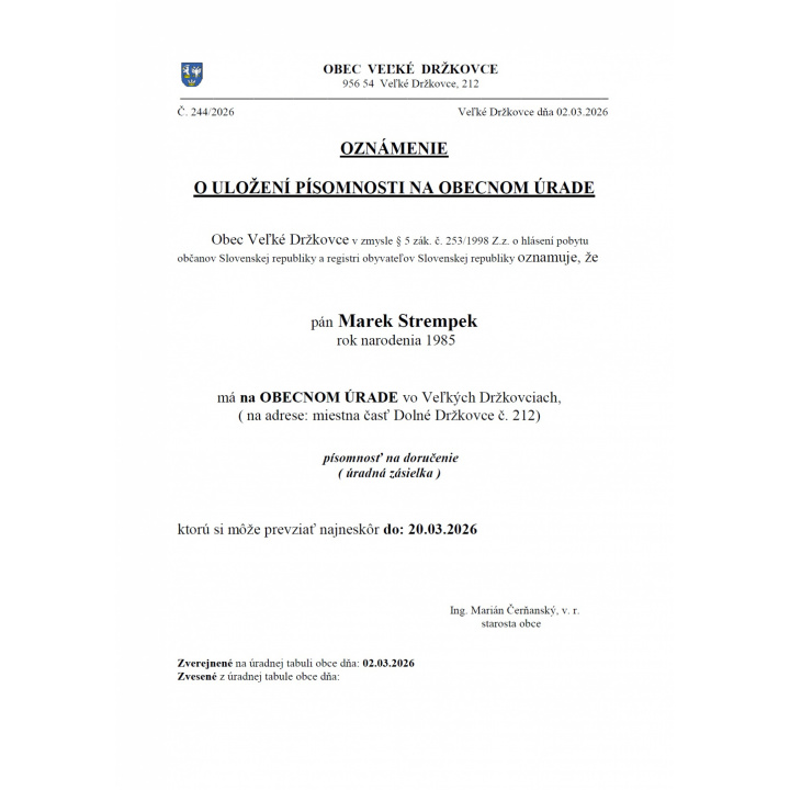 Oznámenie o uložení písomnosti na obecnom úrade - Marek Strempek