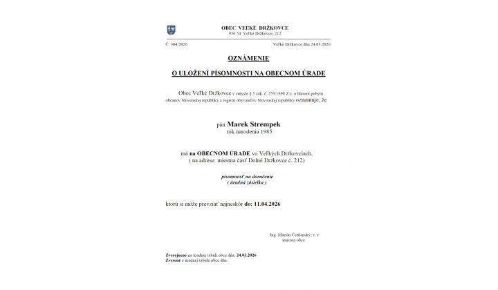 Oznámenie o uložení písomnosti na obecnom úrade - Marek Strempek