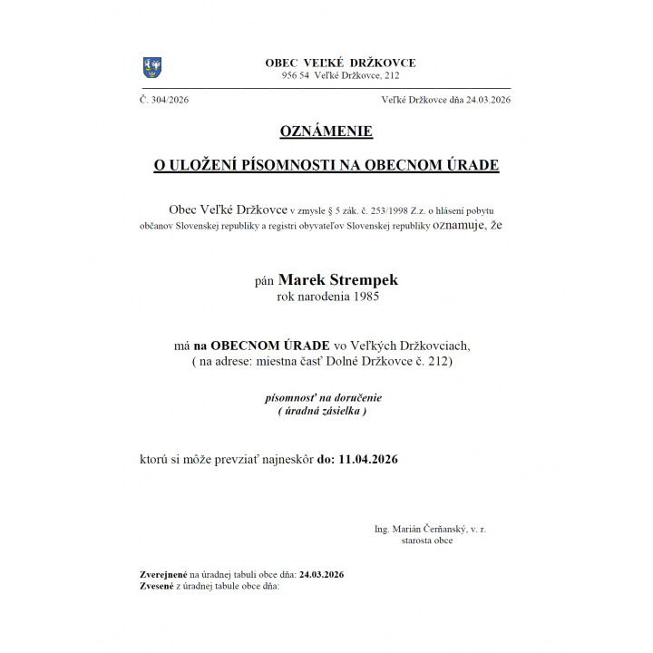 Oznámenie o uložení písomnosti na obecnom úrade - Marek Strempek