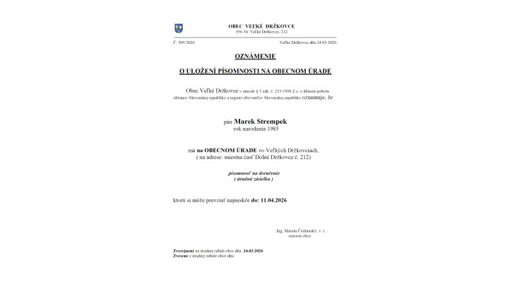 Oznámenie o uložení písomnosti na obecnom úrade - Marek Strempek