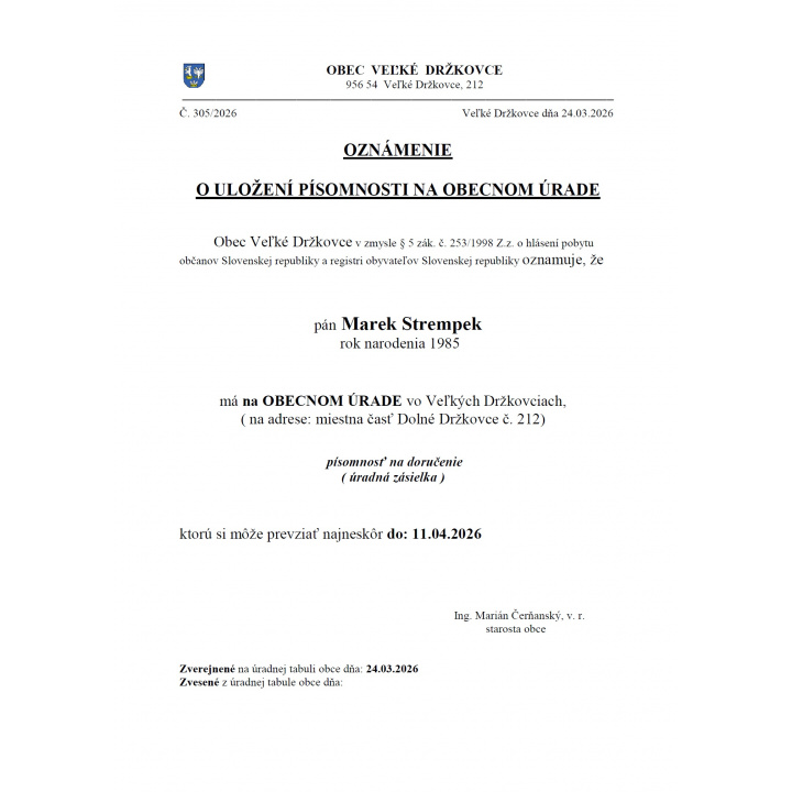Oznámenie o uložení písomnosti na obecnom úrade - Marek Strempek