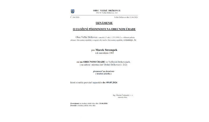 Oznámenie o uložení písomnosti na obecnom úrade - Marek Strempek