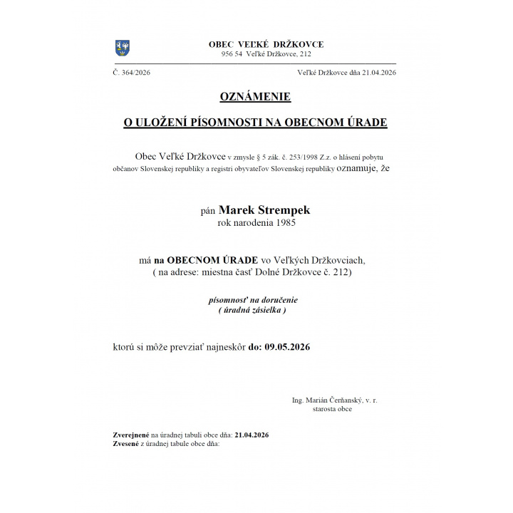 Oznámenie o uložení písomnosti na obecnom úrade - Marek Strempek