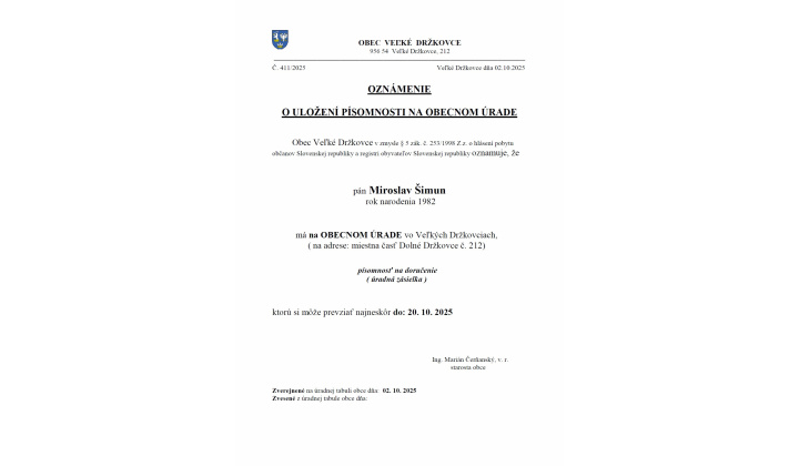 Oznámenie o uložení písomnosti na obecnom úrade - Miroslav Šimun