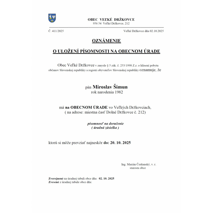 Oznámenie o uložení písomnosti na obecnom úrade - Miroslav Šimun