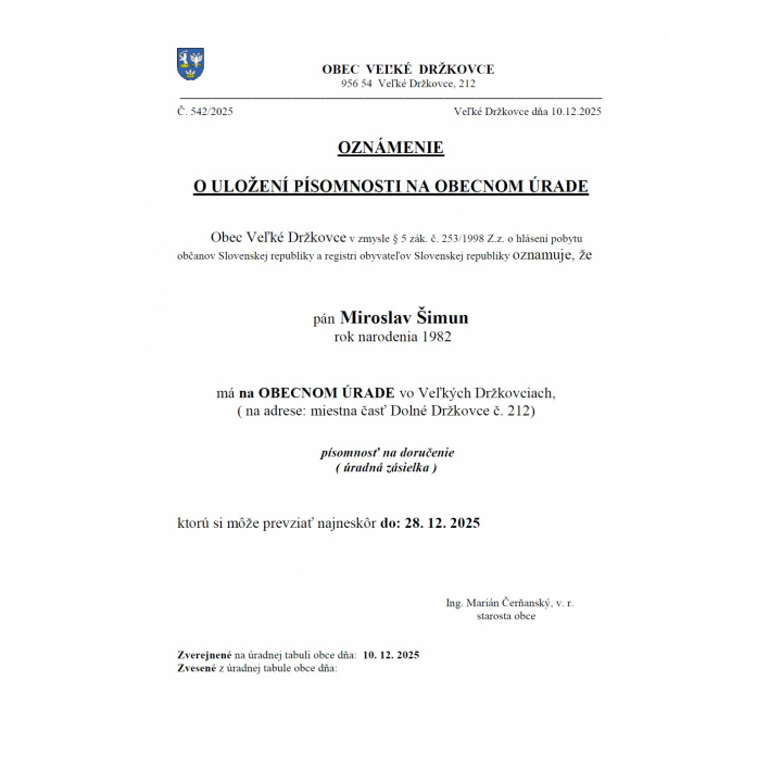 Oznámenie o uložení písomnosti na obecnom úrade - Miroslav Šimun