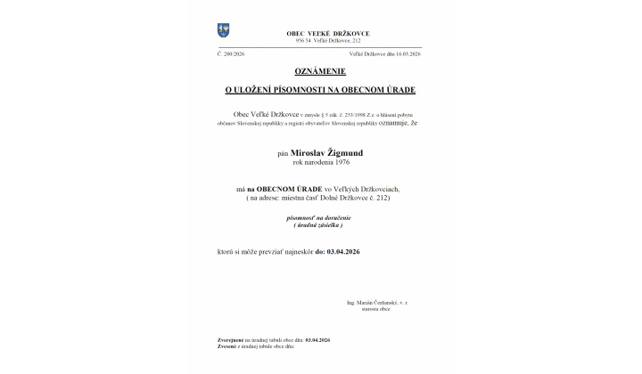 Oznámenie o uložení písomnosti na obecnom úrade - Miroslav Žigmund