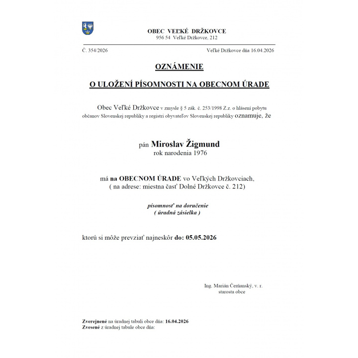 Oznámenie o uložení písomnosti na obecnom úrade - Miroslav Žigmund