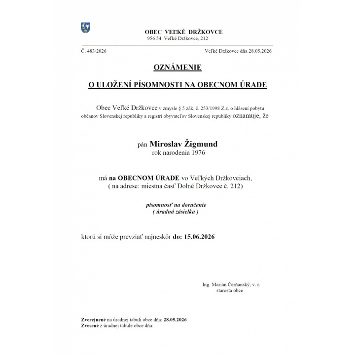 Oznámenie o uložení písomnosti na obecnom úrade - Miroslav Žigmund