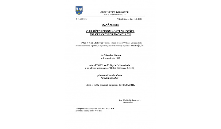 Oznámenie o uložení zásielky M. Šimun