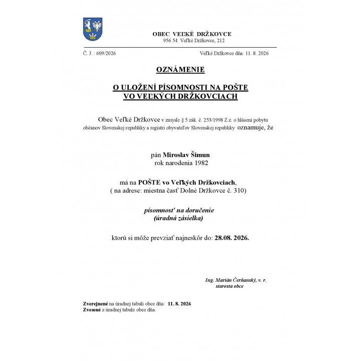 Oznámenie o uložení zásielky M. Šimun