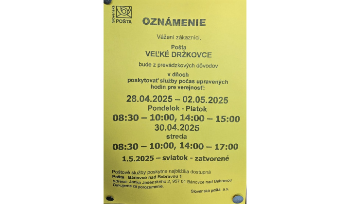 Oznámenie o úprave hodín pre verejnosť - Pošta Veľké Držkovce