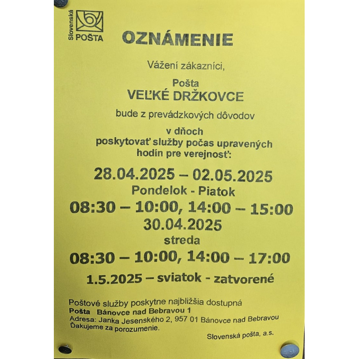 Oznámenie o úprave hodín pre verejnosť - Pošta Veľké Držkovce