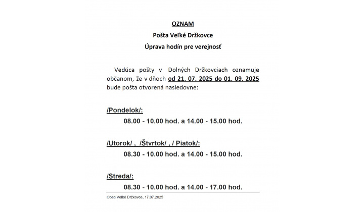 Oznámenie o úprave hodín pre verejnosť - Pošta Veľké Držkovce