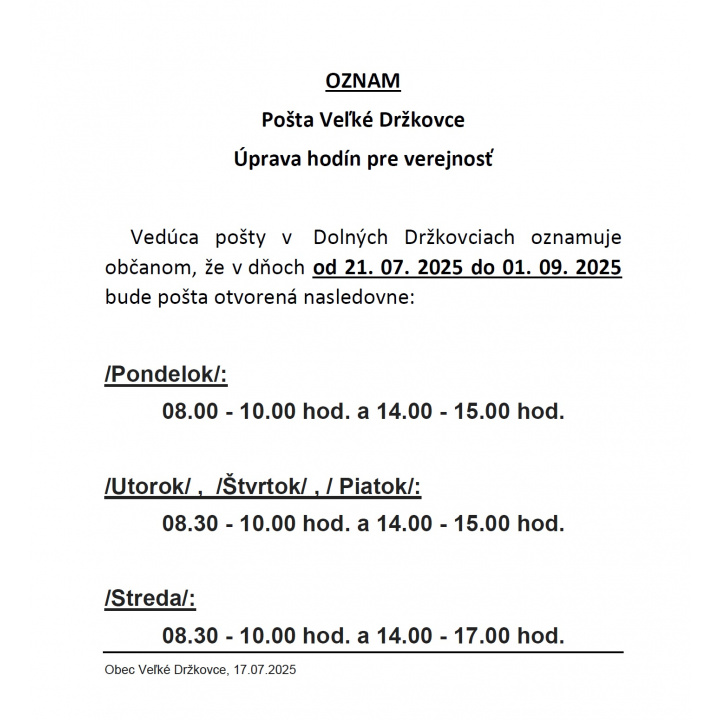 Oznámenie o úprave hodín pre verejnosť - Pošta Veľké Držkovce