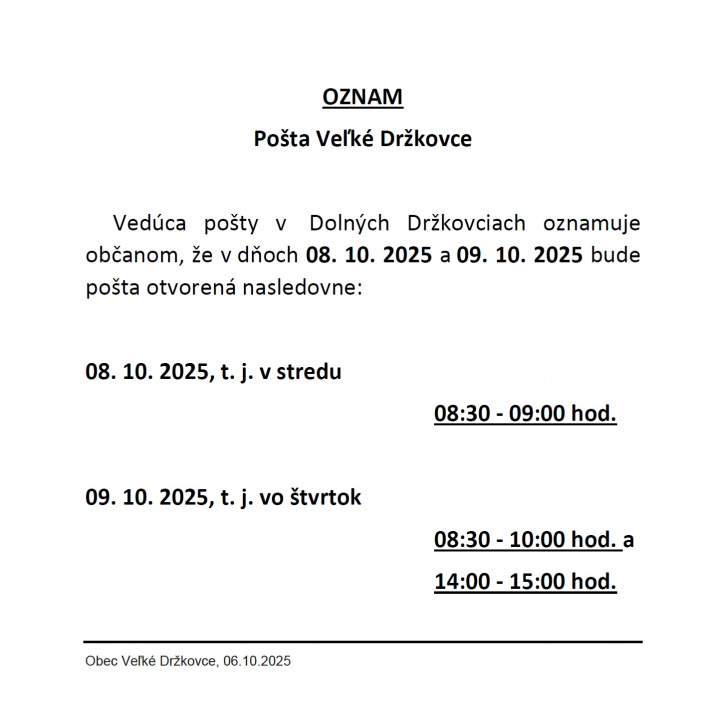 Oznámenie o úprave hodín pre verejnosť - Pošta Veľké Držkovce