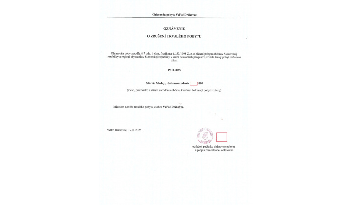 Oznámenie o zrušení trvalého pobytu - Marián Madaj