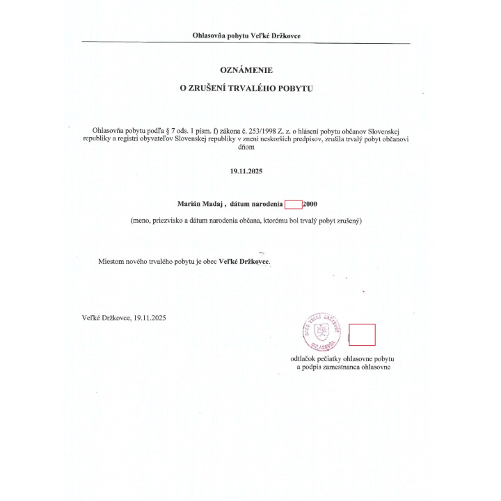Oznámenie o zrušení trvalého pobytu - Marián Madaj