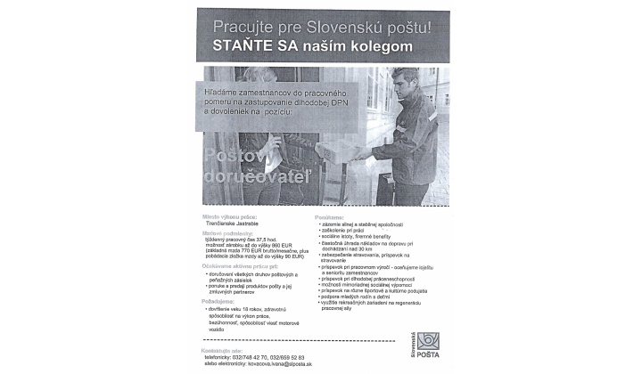PONUKA PRÁCE - Slovenská pošta Trenčianske Jastrabie