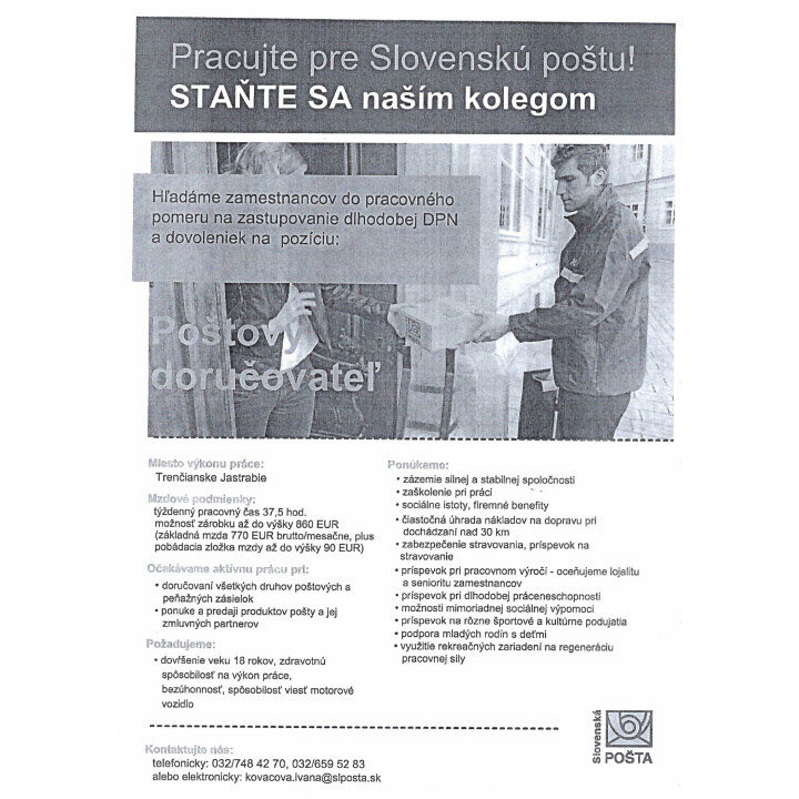 PONUKA PRÁCE - Slovenská pošta Trenčianske Jastrabie
