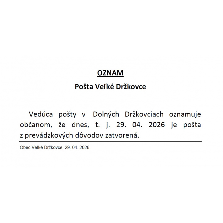 Pošta 29.04.2026 - ZATVORENÁ