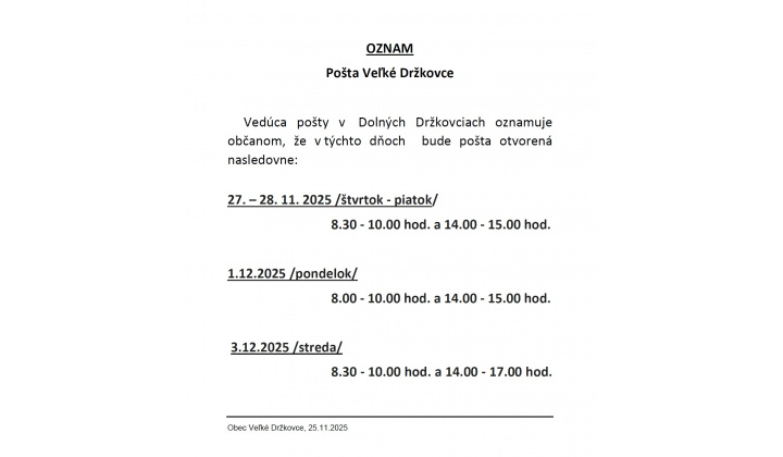 Pošta Veľké Držkovce - Oznámenie o úprave hodín pre verejnosť