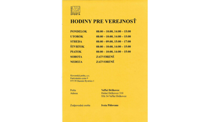 Pošta vo Veľkých Držkovciach - otváracie hodiny - trvalá zmena od 1. 6. 2026