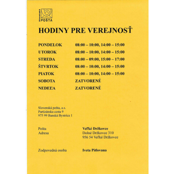 Pošta vo Veľkých Držkovciach - otváracie hodiny - trvalá zmena od 1. 6. 2026
