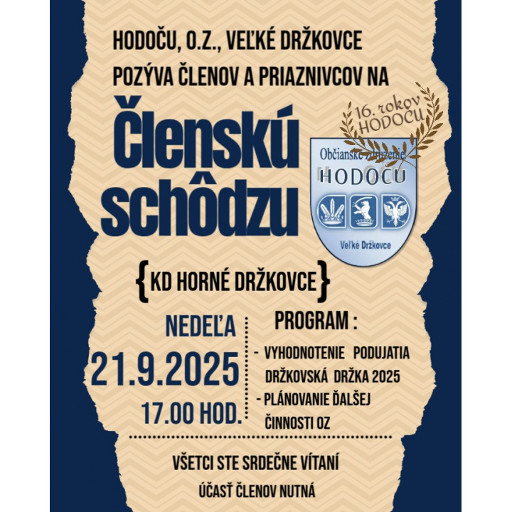 POZVÁNKA - Členská schôdza / OZ HODOČU 21.09.2025