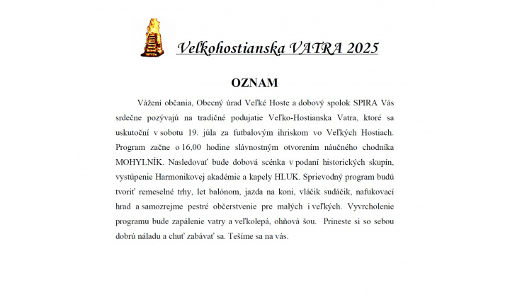 POZVÁNKA - Veľkohostianska VATRA 2025