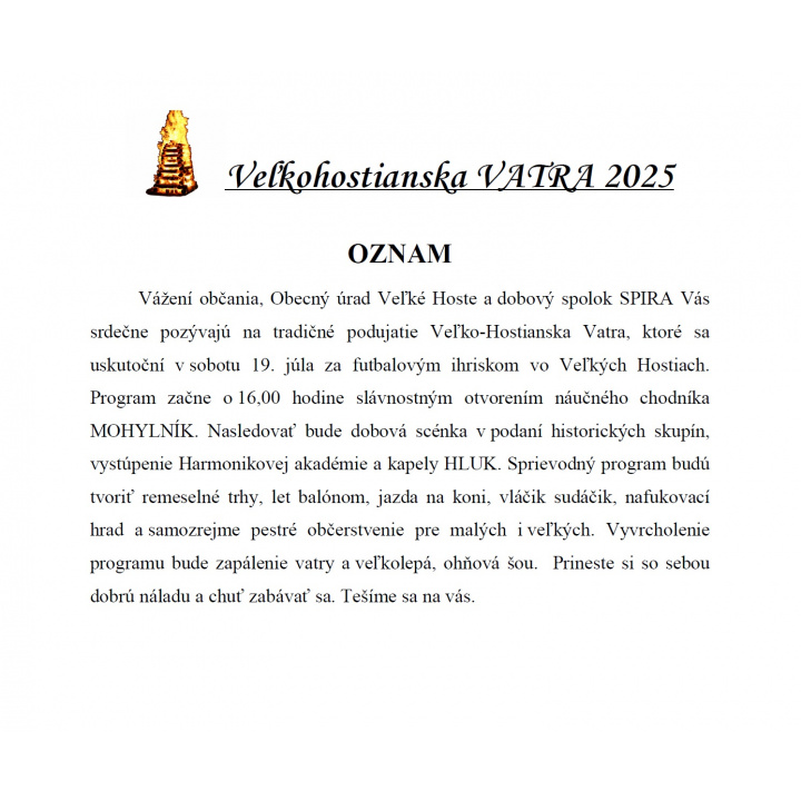 POZVÁNKA - Veľkohostianska VATRA 2025