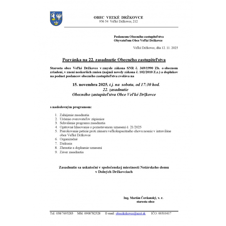 Pozvánka na 22. zasadnutie obecného zastupiteľstva