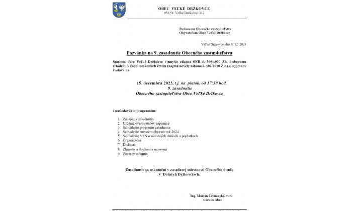 Pozvánka na 9. zasadnutie obecného zastupiteľstva
