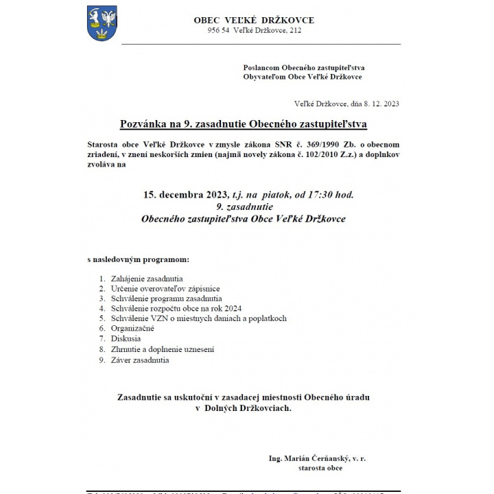 Pozvánka na 9. zasadnutie obecného zastupiteľstva