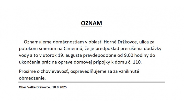Predpoklad prerušenia dodávky vody Horné Držkovce 19.8.2025