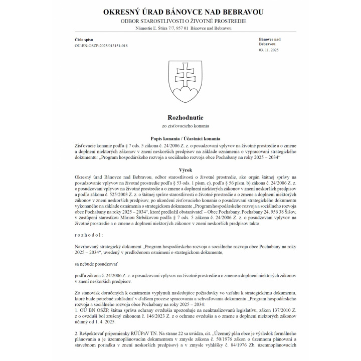ROZHODNUTIE - ’’Program hospodárskeho rozvoja a sociálneho rozvoja obce Pochabany na roky 2025-2034