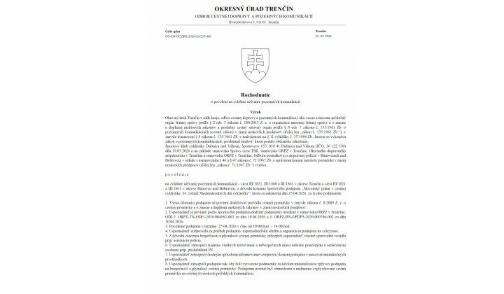 Rozhodnutie o povolení na zvláštne užívanie pozemných komunikácií - Okresný úrad Trenčín
