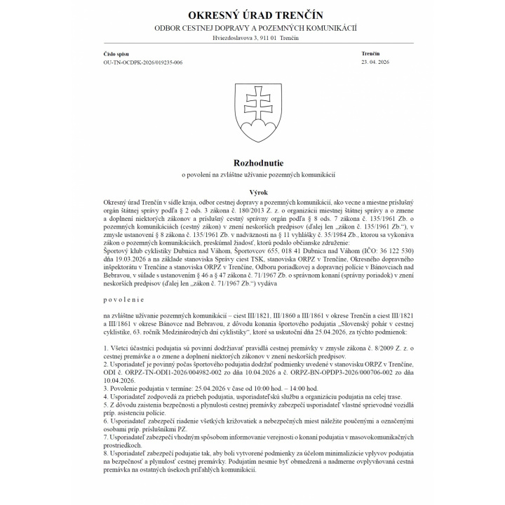 Rozhodnutie o povolení na zvláštne užívanie pozemných komunikácií - Okresný úrad Trenčín