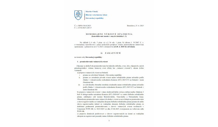 Slintačka a krívačka 2025 - Mimoriadne núdzové opatrenia od 28.04.2025