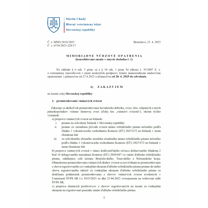 Slintačka a krívačka 2025 - Mimoriadne núdzové opatrenia od 28.04.2025