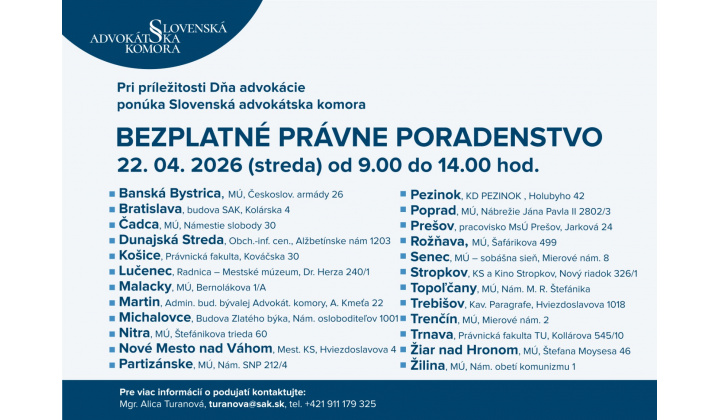 Slovenská advokátska komora - Bezplatné právne poradenstvo 22.04.2026