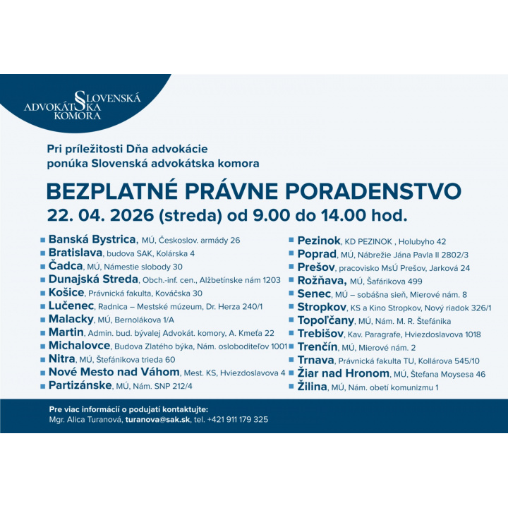 Slovenská advokátska komora - Bezplatné právne poradenstvo 22.04.2026