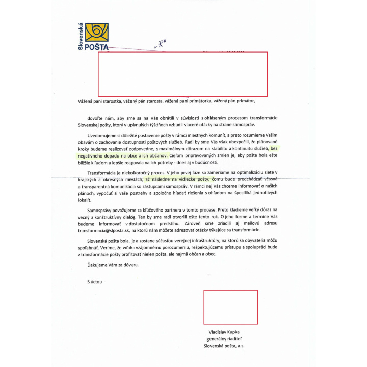 Slovenská pošta - Informácia /pripravovaná fransformácia/