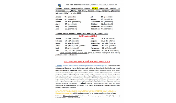 Termíny vývozu PLASTY a POPOLNICE 2026