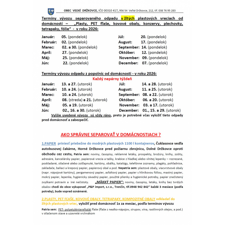 Termíny vývozu PLASTY a POPOLNICE 2026