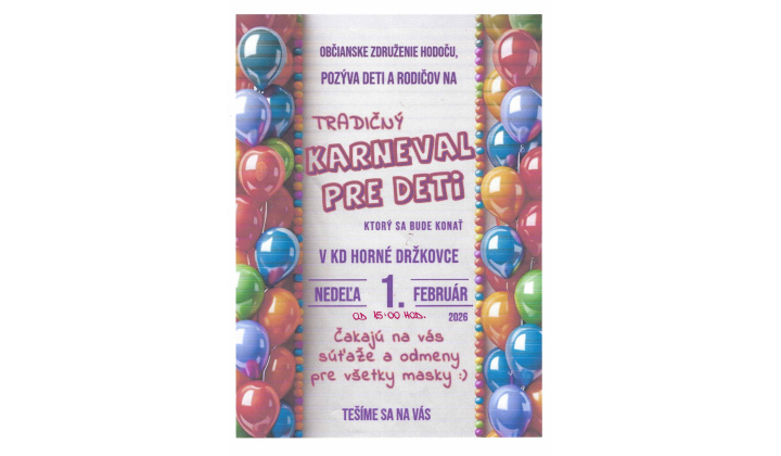 Tradičný karneval pre deti - Kultúrny dom Horné Držkovce