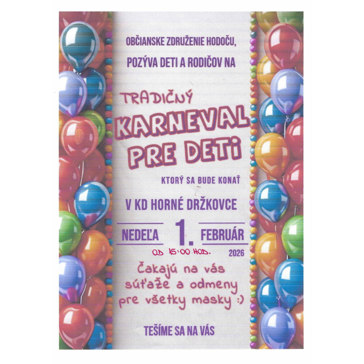 Tradičný karneval pre deti - Kultúrny dom Horné Držkovce