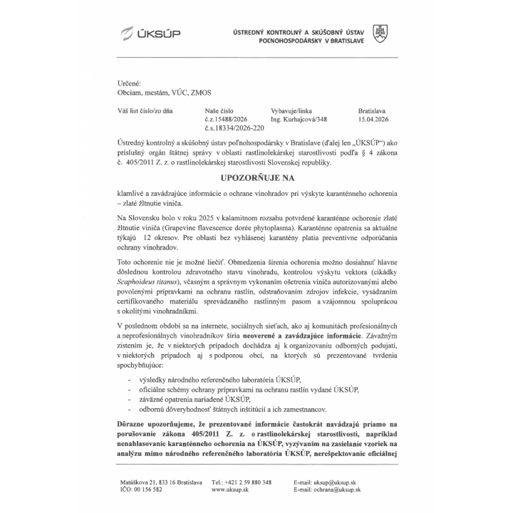 Upozornenie na klamlivé a zavádzajúce informácie o ochrane vinohradov pri výskyte karanténneho ochorenia - zlaté žltnutie viniča