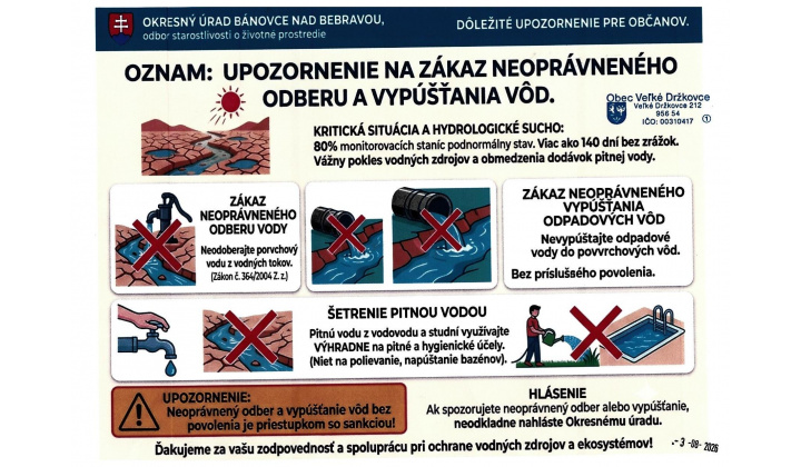 Upozornenie na zákaz neoprávneného odberu a vypúšťania vôd